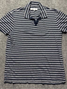 Orlebar Brown Polo Mens L Blue Striped Felix Sailing Cotton Linen Blend Preppy
